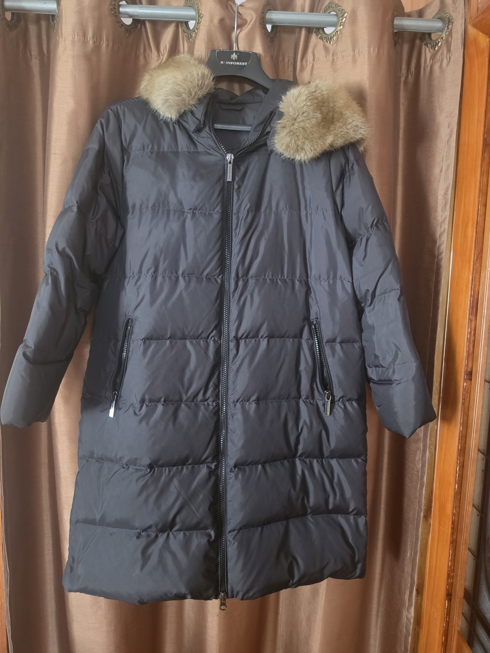 Women’s Long Black Puffer Coat with Faux Fur Trim